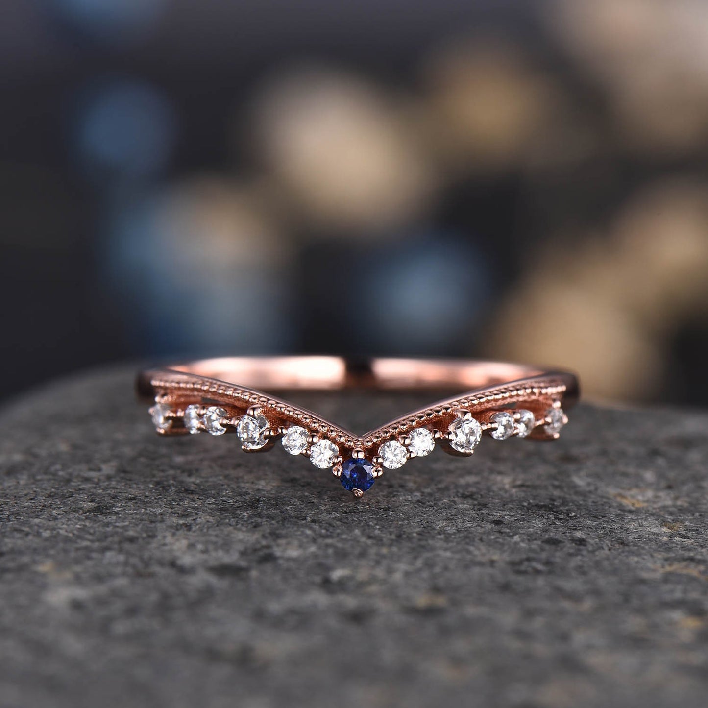 Curved Wedding Band Rose Gold Diamond Blue Sapphire Ring Women Chevron Matching Stacking Band Unique Promise Anniversary band