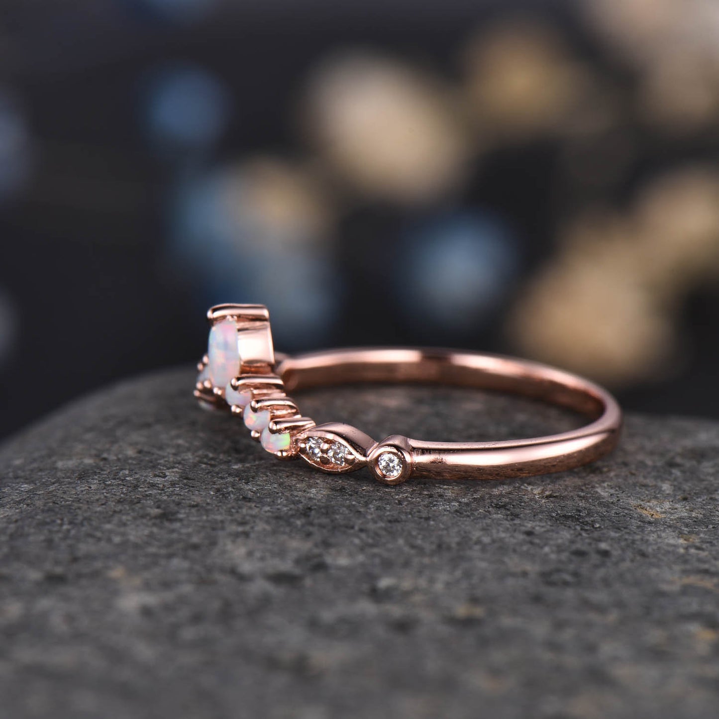 Curved Wedding Band Rose Gold Women Marquise Cut Diamond Opal Ring Unique Jewelry Stacking Matching Anniversary Gifts September Birthstone