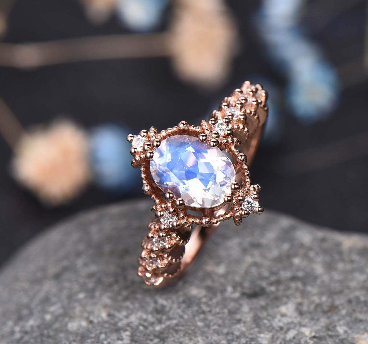 Vintage Moonstone Engagement Ring Rose Gold Diamond/Moissanite Wedding Ring 6x8mm Oval Cut Moonstone Halo Milgrain Ring June Birthstone