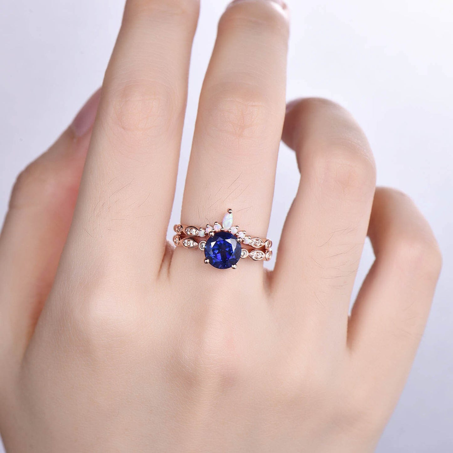 Blue sapphire engagement ring set rose gold art deco ring stacking curved opal diamond matching band promise jewelry September birthstone