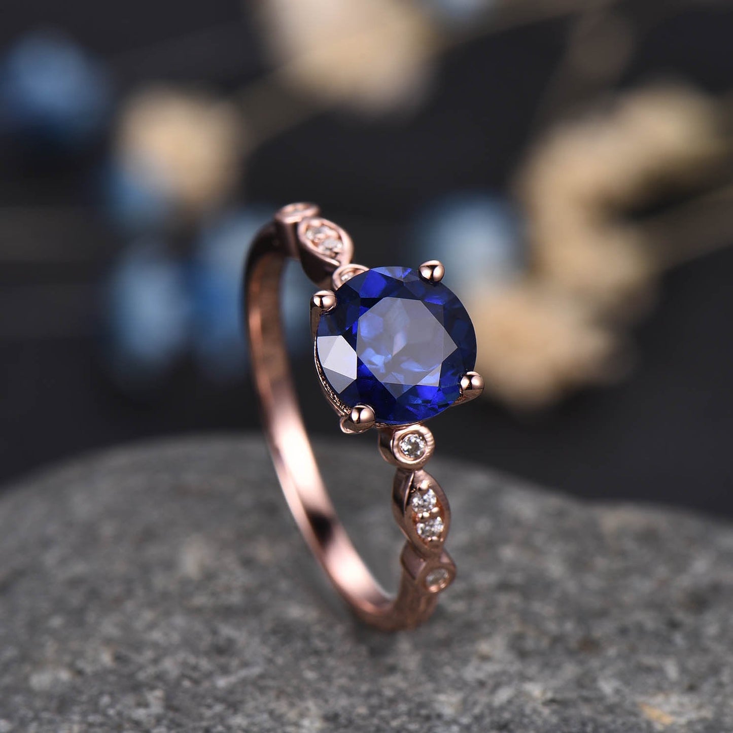 Blue sapphire engagement ring set rose gold art deco ring stacking curved opal diamond matching band promise jewelry September birthstone