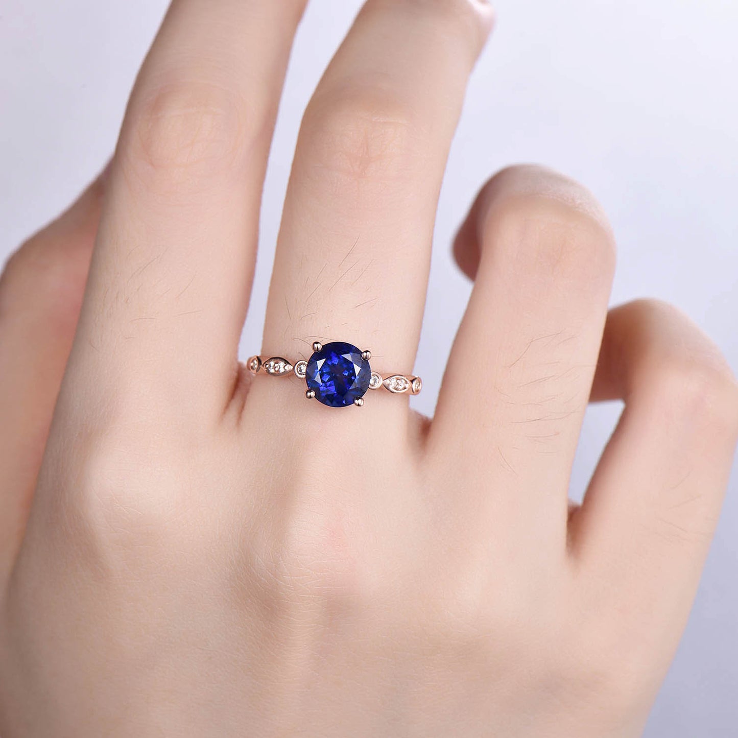 Blue sapphire engagement ring set rose gold art deco ring stacking curved opal diamond matching band promise jewelry September birthstone