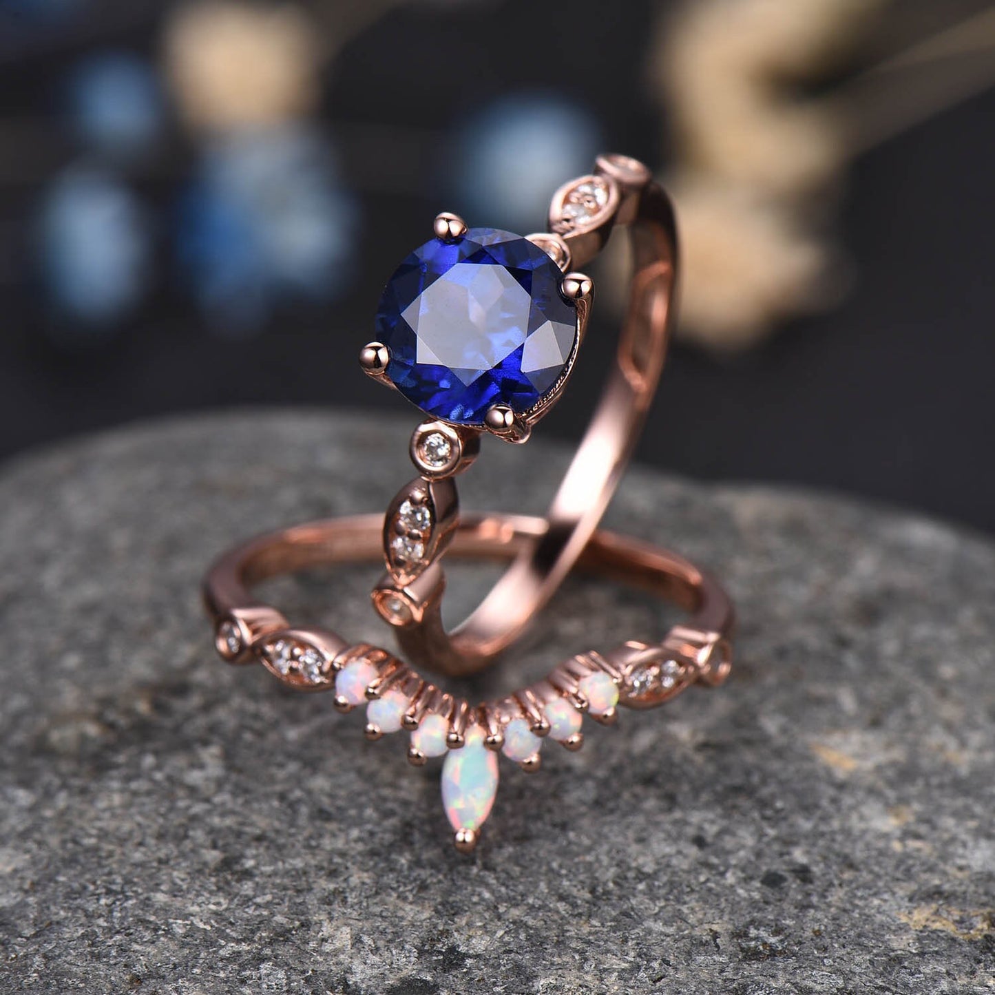 Blue sapphire engagement ring set rose gold art deco ring stacking curved opal diamond matching band promise jewelry September birthstone