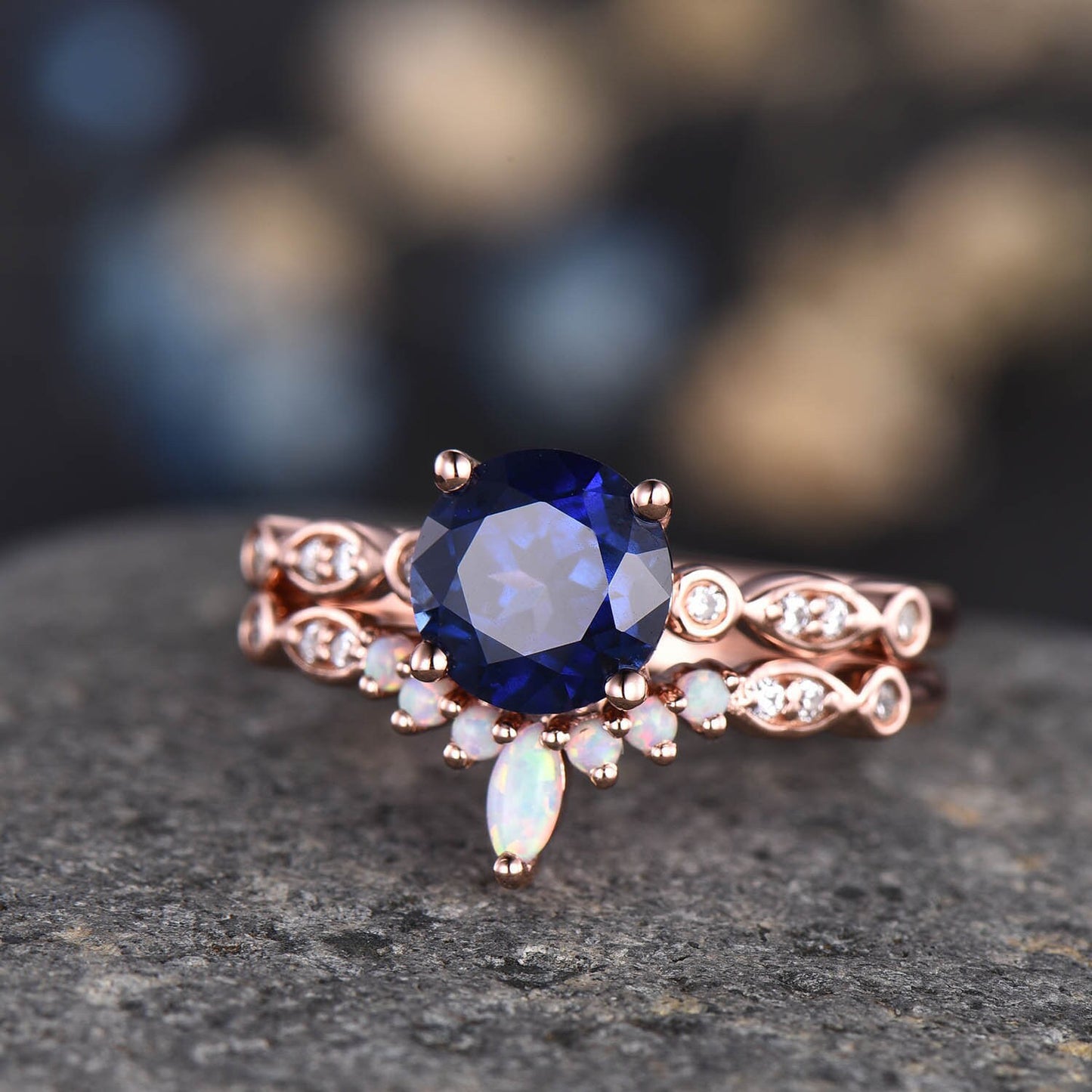 Blue sapphire engagement ring set rose gold art deco ring stacking curved opal diamond matching band promise jewelry September birthstone