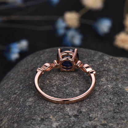 Vintage Blue Sandstone ring,women art deco 14k rose gold engagement ring,diamond band,bridal promise ring anniversary gift,Christmas gift