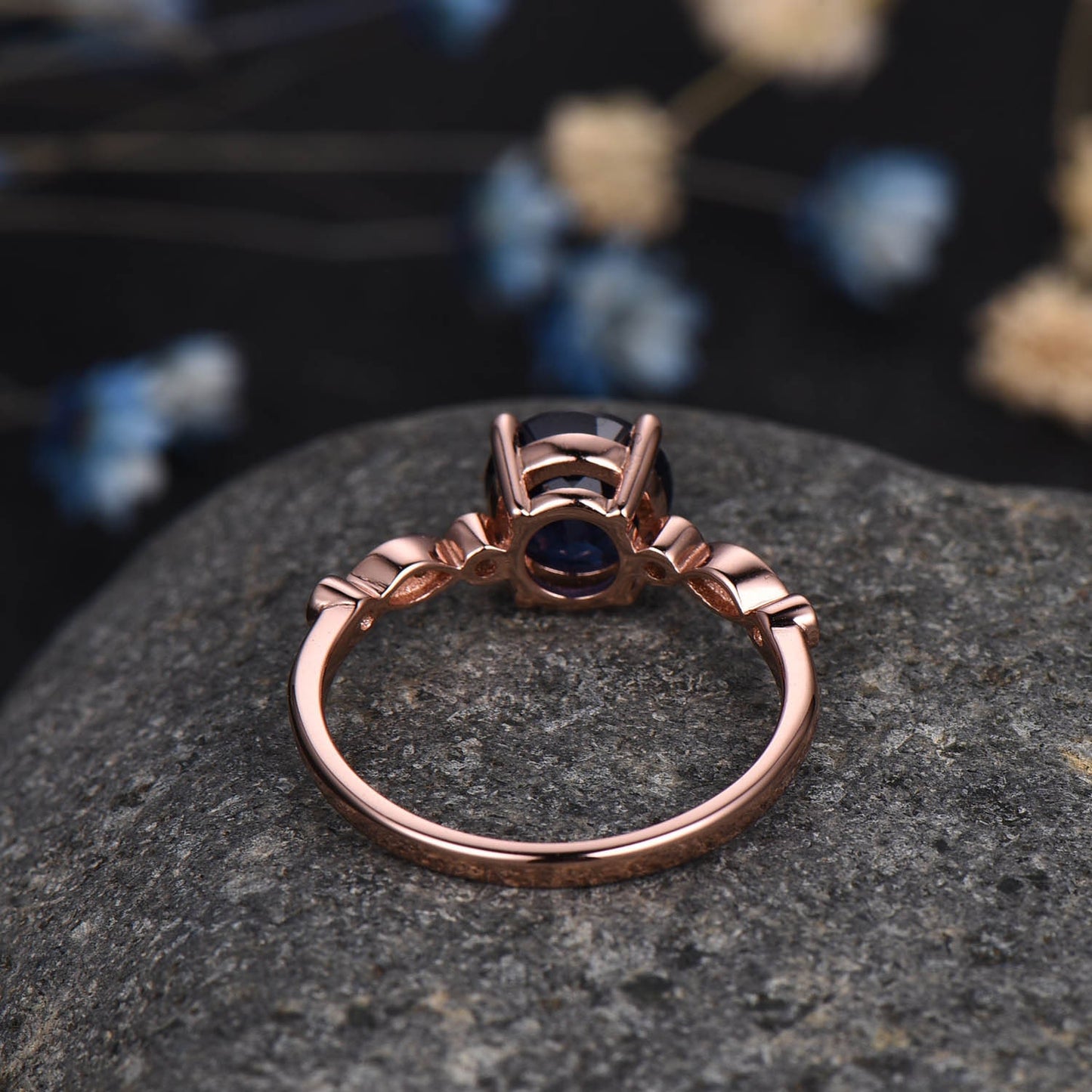 Blue Galaxy Ring,Vintage Blue Sandstone ring,art deco rose gold engagement ring,diamond band,bridal promise solitaire ring anniversary gift