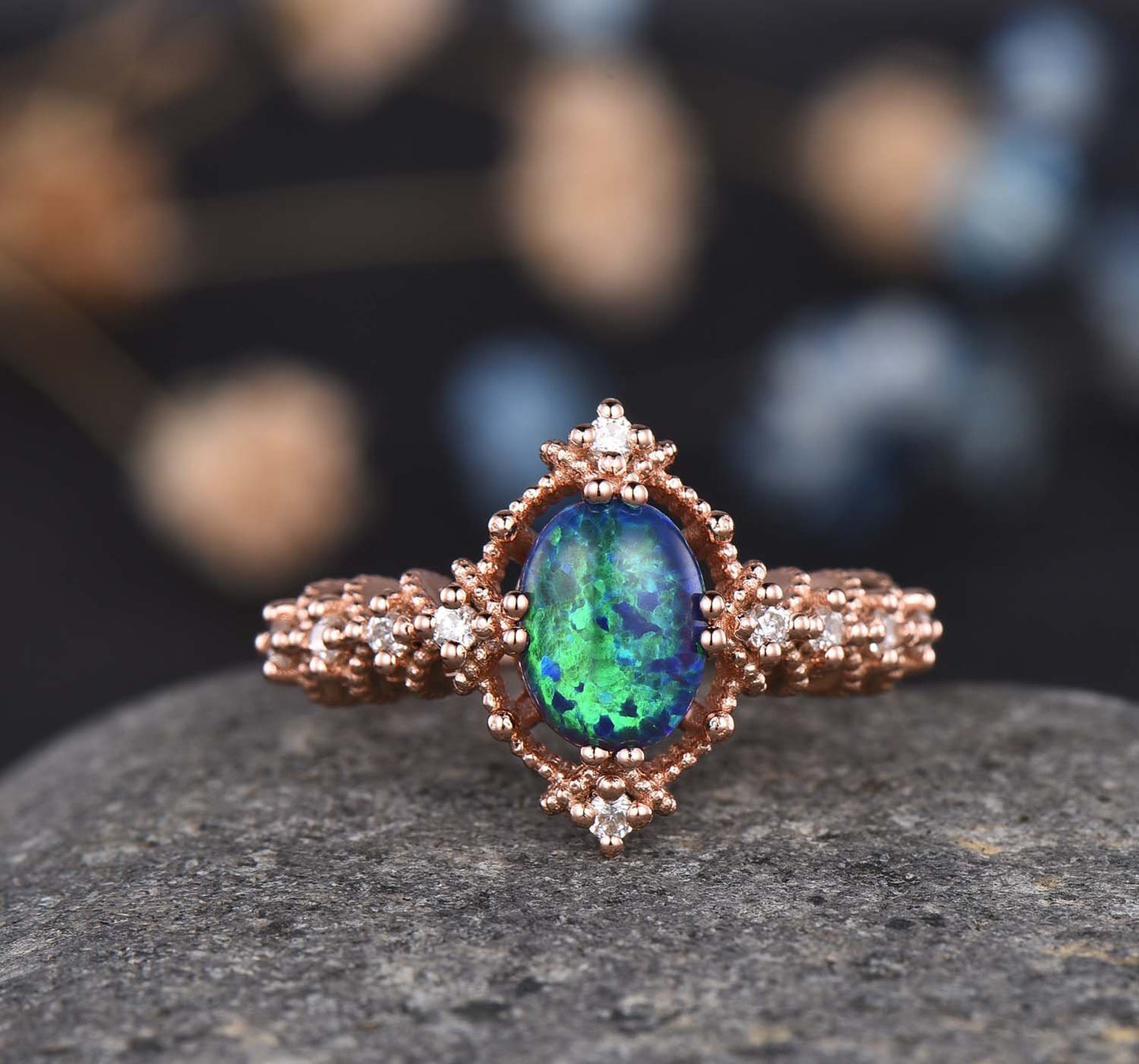 Black Opal Ring Rose Gold Engagement Ring For Women Diamond/Moissanite Eternity Band Promise Bridal Jewelry Anniversary Gift For Her