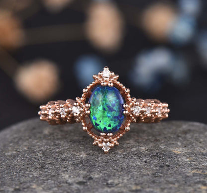 Black Opal Ring Rose Gold Engagement Ring For Women Diamond/Moissanite Eternity Band Promise Bridal Jewelry Anniversary Gift For Her