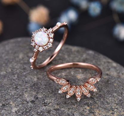 Wedding Ring Set Opal Engagement Ring Rose Gold Diamond Matching Band Curved Art Deco Eternity Stacking Crown Ring Bridal Set Gift For Her