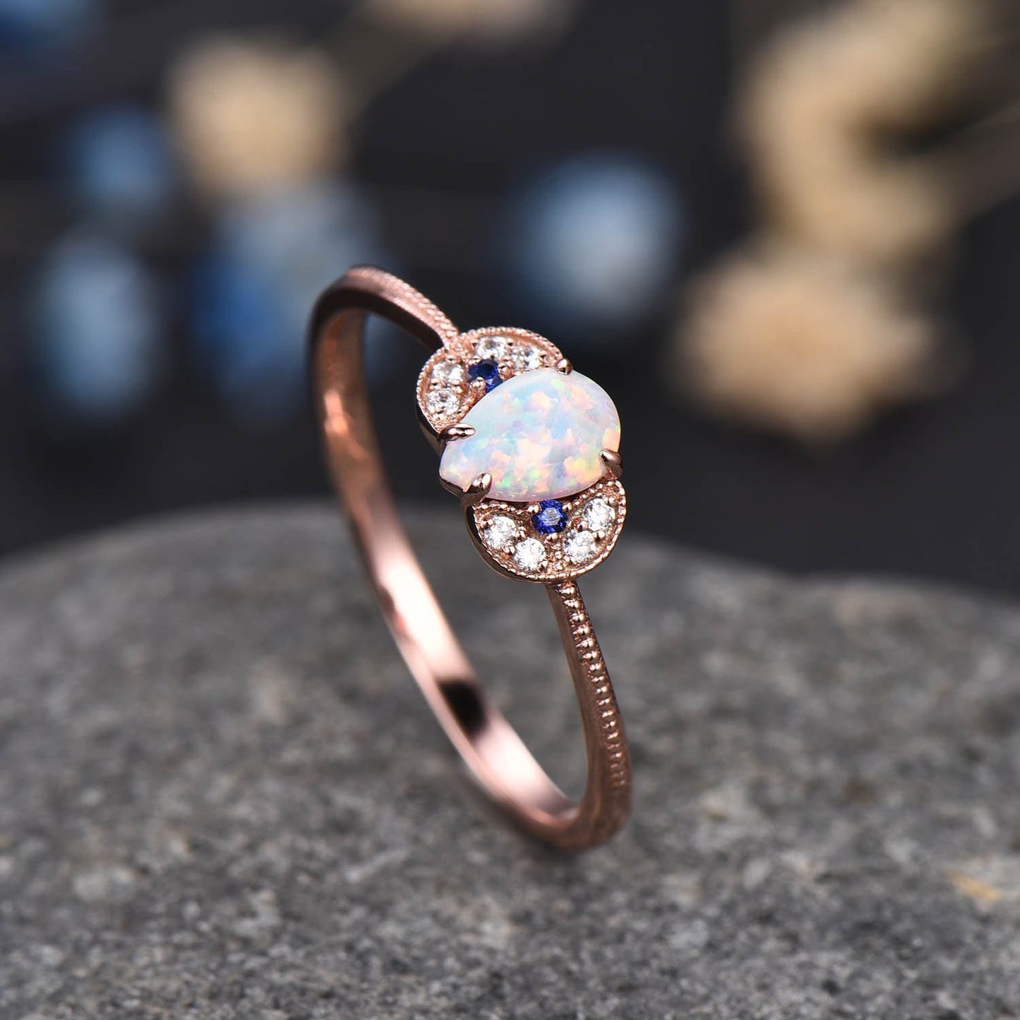 Opal Engagement Ring Women Pear Shaped Wedding Ring Rose Gold Blue Sapphire Diamond/Moissanite Jewelry Birthstone Promise Anniversary Gift