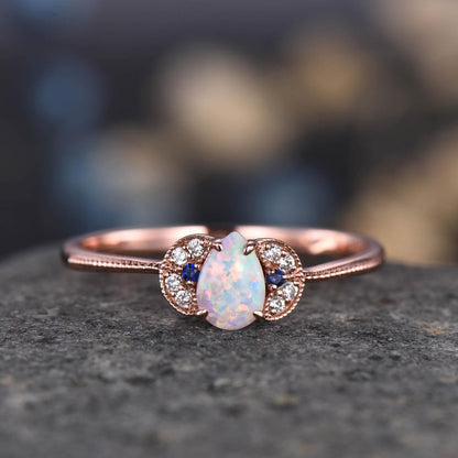 Opal Engagement Ring Women Pear Shaped Wedding Ring Rose Gold Blue Sapphire Diamond/Moissanite Jewelry Birthstone Promise Anniversary Gift