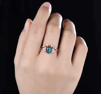 Vintage Blue Opal Engagement Ring Women Stacking Matching Band Diamond/Moissanite Eternity Ring Unique Vintage Floral Design Promise Gift