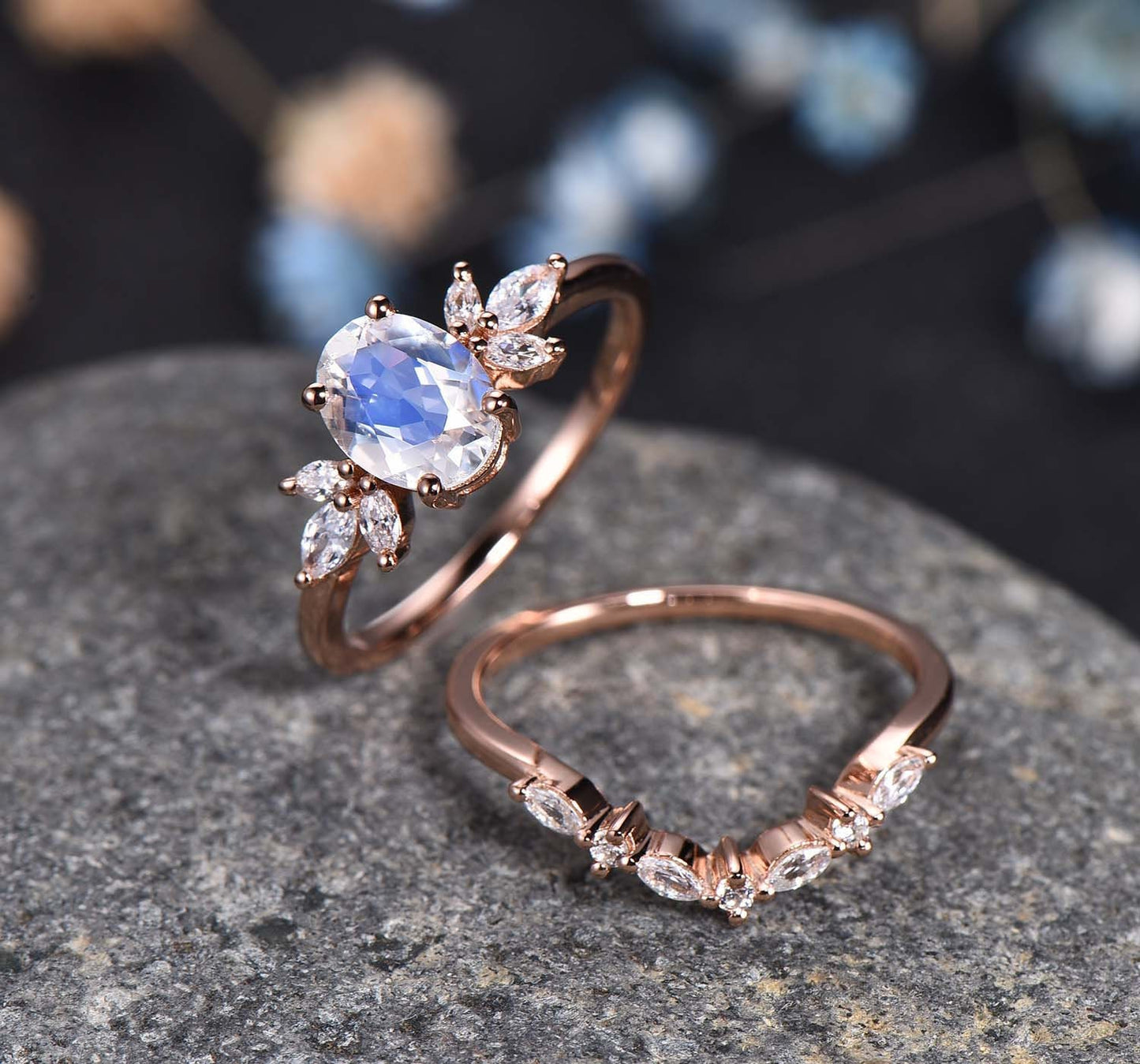 Moonstone Ring Set Women Engagement Ring Diamond/Moissanite Matching Band Rose Gold Art Deco Floral Wedding Ring Anniversary Gift For Her