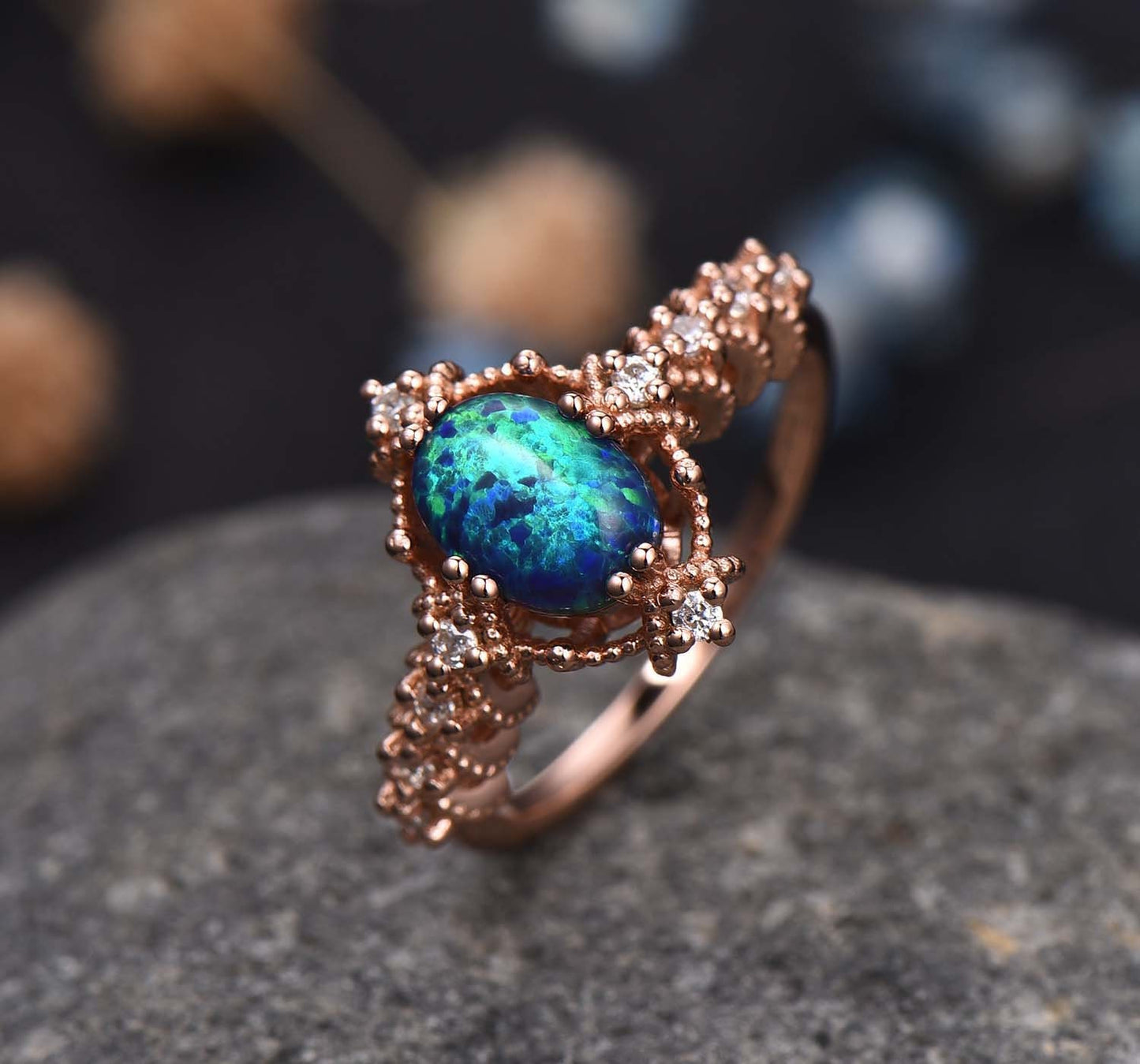 Black Opal Ring Rose Gold Engagement Ring For Women Diamond/Moissanite Eternity Band Promise Bridal Jewelry Anniversary Gift For Her