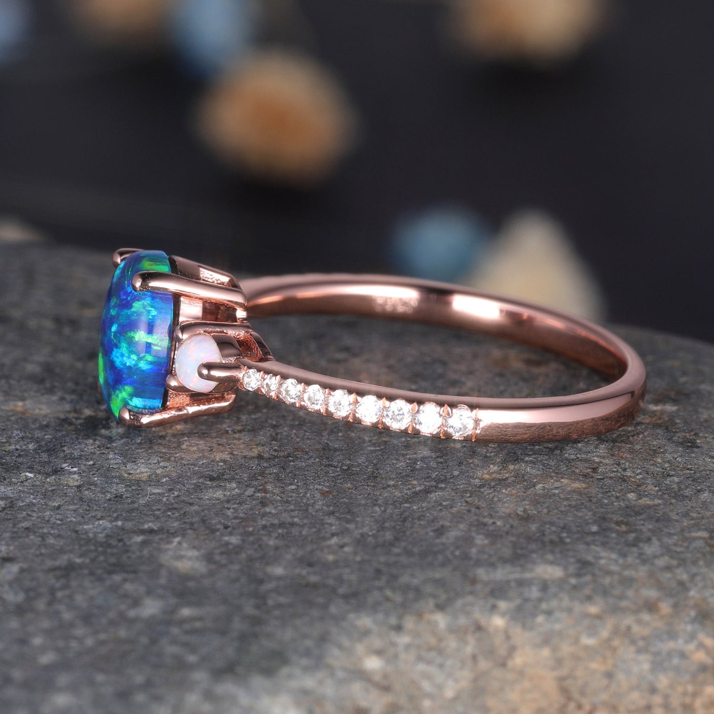 Black Opal Engagement Ring Rose Gold Diamond Ring For Women Three Stone Style Half Eternity Solitaire Ring Unique Vintage Promise Jewelry