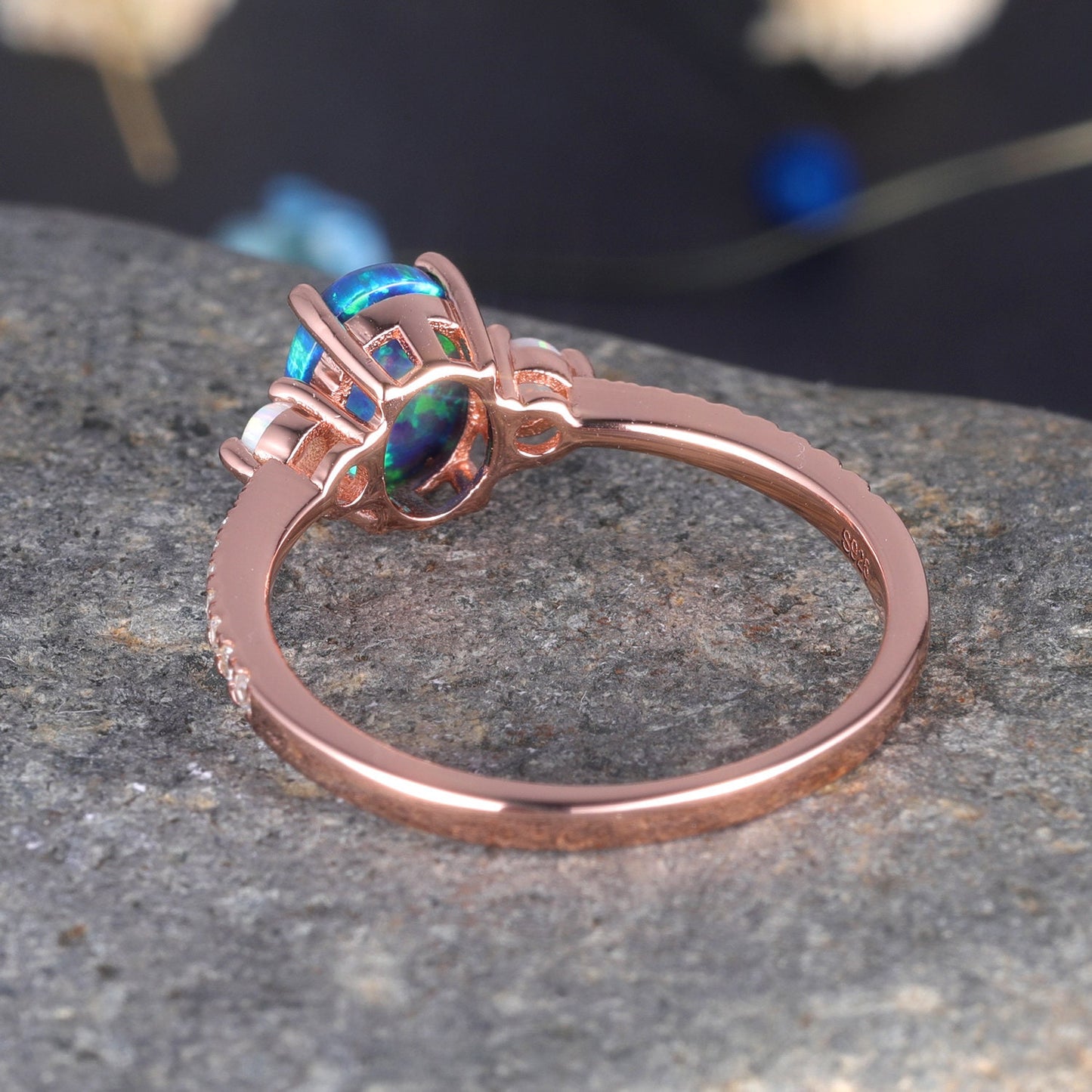 Black Opal Engagement Ring Rose Gold Diamond Ring For Women Three Stone Style Half Eternity Solitaire Ring Unique Vintage Promise Jewelry