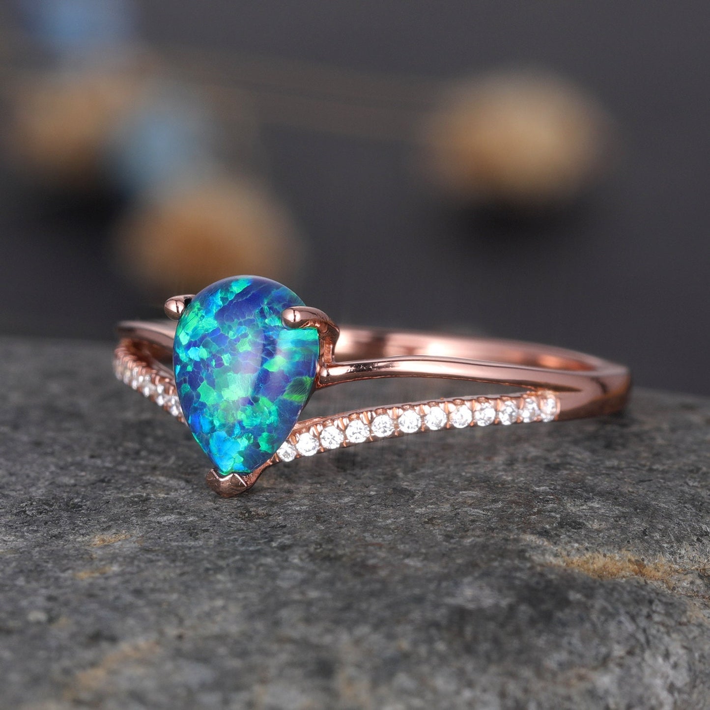 Black Opal Wedding Ring Rose Gold Diamond Engagement Ring Women Split Shank Style Eternity Solitiare Ring Unique Jewelry Gift For Her