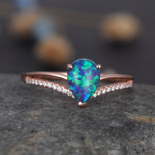 Black Opal Wedding Ring Rose Gold Diamond Engagement Ring Women Split Shank Style Eternity Solitiare Ring Unique Jewelry Gift For Her