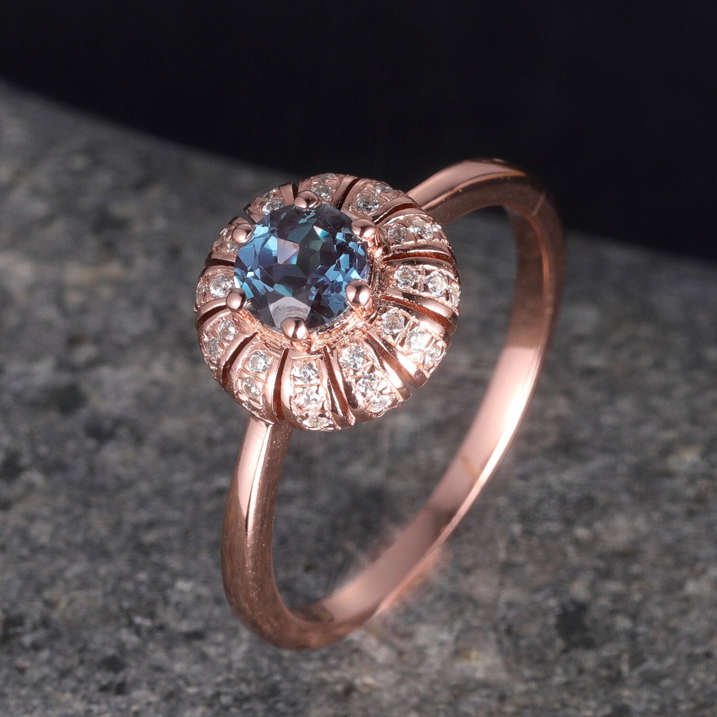 Alexandrite Engagement Ring Rose Gold Diamond Halo Ring Plain Gold Band Unique Flower Jewelry For Women Bridal Gift Color Changing Gemstone