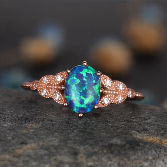 Vintage Floral Black Opal Engagement Ring Women Diamond Rose Gold Solitaire Ring Unique Leaf Design Jewelry Bridal Promise Gift For Her