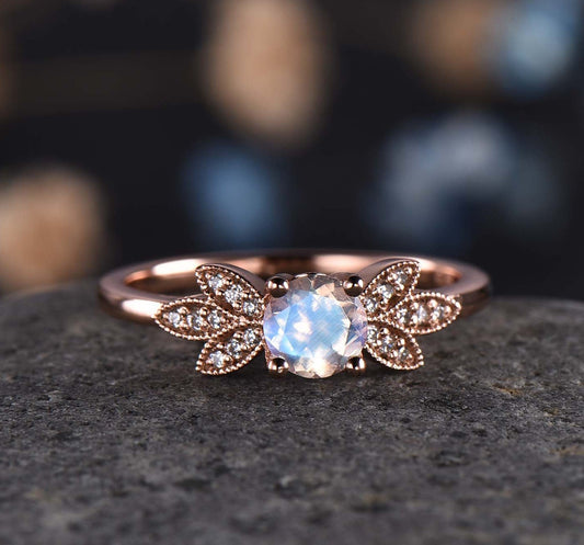 Unique moonstone engagement ring diamond rose gold wedding ring for women flower design jewelry natural gemstone anniversary birthday gift