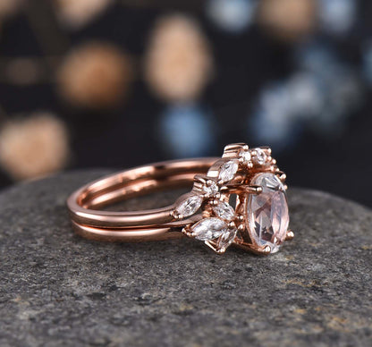 Moonstone Ring Set Women Engagement Ring Diamond/Moissanite Matching Band Rose Gold Art Deco Floral Wedding Ring Anniversary Gift For Her