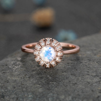 Moonstone Diamond Rose Gold Engagement Ring Vintage Floral Wedding Ring Plain Gold Band Women Promise Anniversary Jewerly Rainbow Moonstone