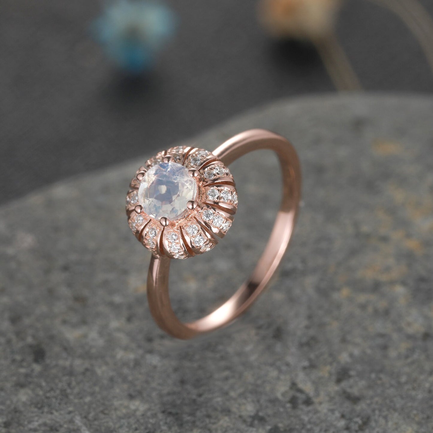 Moonstone Diamond Rose Gold Engagement Ring Vintage Floral Wedding Ring Plain Gold Band Women Promise Anniversary Jewerly Rainbow Moonstone