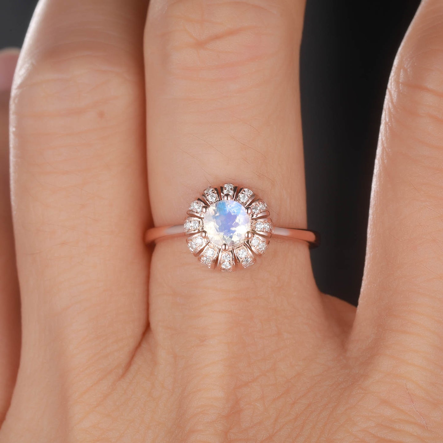 Moonstone Diamond Rose Gold Engagement Ring Vintage Floral Wedding Ring Plain Gold Band Women Promise Anniversary Jewerly Rainbow Moonstone