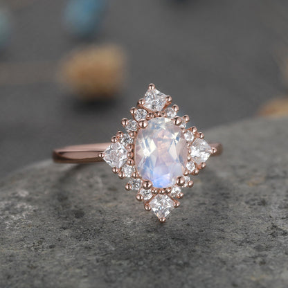 Vintage Moonstone Engagement Ring Moissanite Halo Promise Ring 6x8mm Oval Cut Rainbow Moonstone June Birthstone Wedding Bridal Jewelry