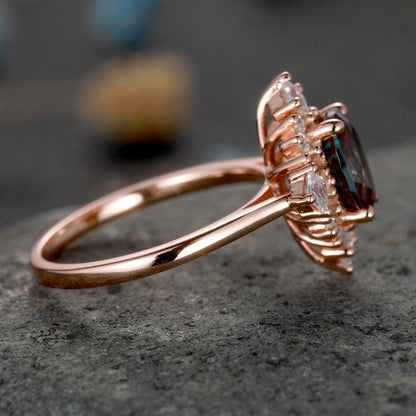 Vintage engagement ring rose gold alexandrite moissanite wedding ring women bridal jewelry floral halo plain gold band anniversary gift