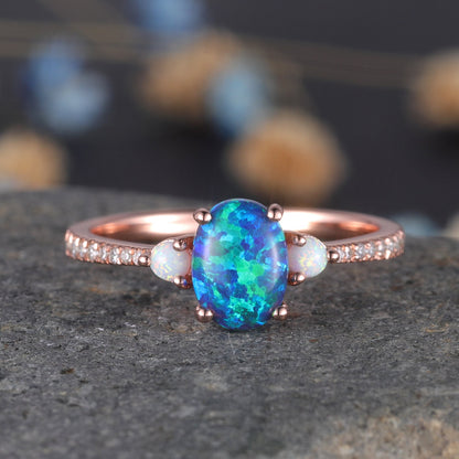 Black Opal Engagement Ring Rose Gold Diamond Ring For Women Three Stone Style Half Eternity Solitaire Ring Unique Vintage Promise Jewelry