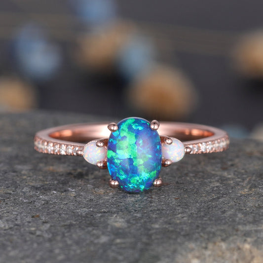 Black Opal Engagement Ring Rose Gold Diamond Ring For Women Three Stone Style Half Eternity Solitaire Ring Unique Vintage Promise Jewelry