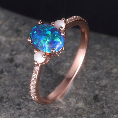 Black Opal Engagement Ring Rose Gold Diamond Ring For Women Three Stone Style Half Eternity Solitaire Ring Unique Vintage Promise Jewelry