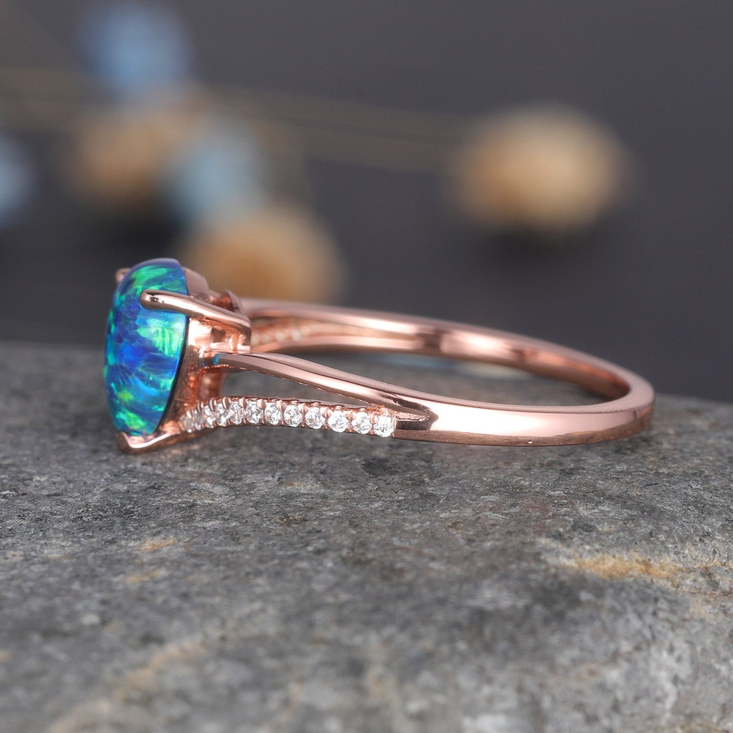 Black Opal Wedding Ring Rose Gold Diamond Engagement Ring Women Split Shank Style Eternity Solitiare Ring Unique Jewelry Gift For Her