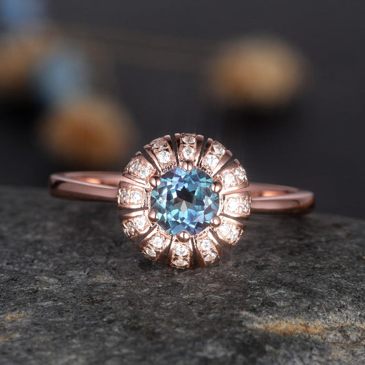 Alexandrite Engagement Ring Rose Gold Diamond Halo Ring Plain Gold Band Unique Flower Jewelry For Women Bridal Gift Color Changing Gemstone