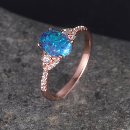 Black Opal Ring Rose Gold Diamond Engagement Ring Women Vintage Promise Bridal Jewelry Anniversary Gift For Her 6x8mm Opal natural diamonds