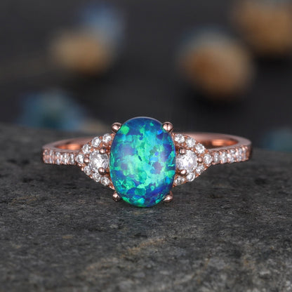 Black Opal Ring Rose Gold Diamond Engagement Ring Women Vintage Promise Bridal Jewelry Anniversary Gift For Her 6x8mm Opal natural diamonds