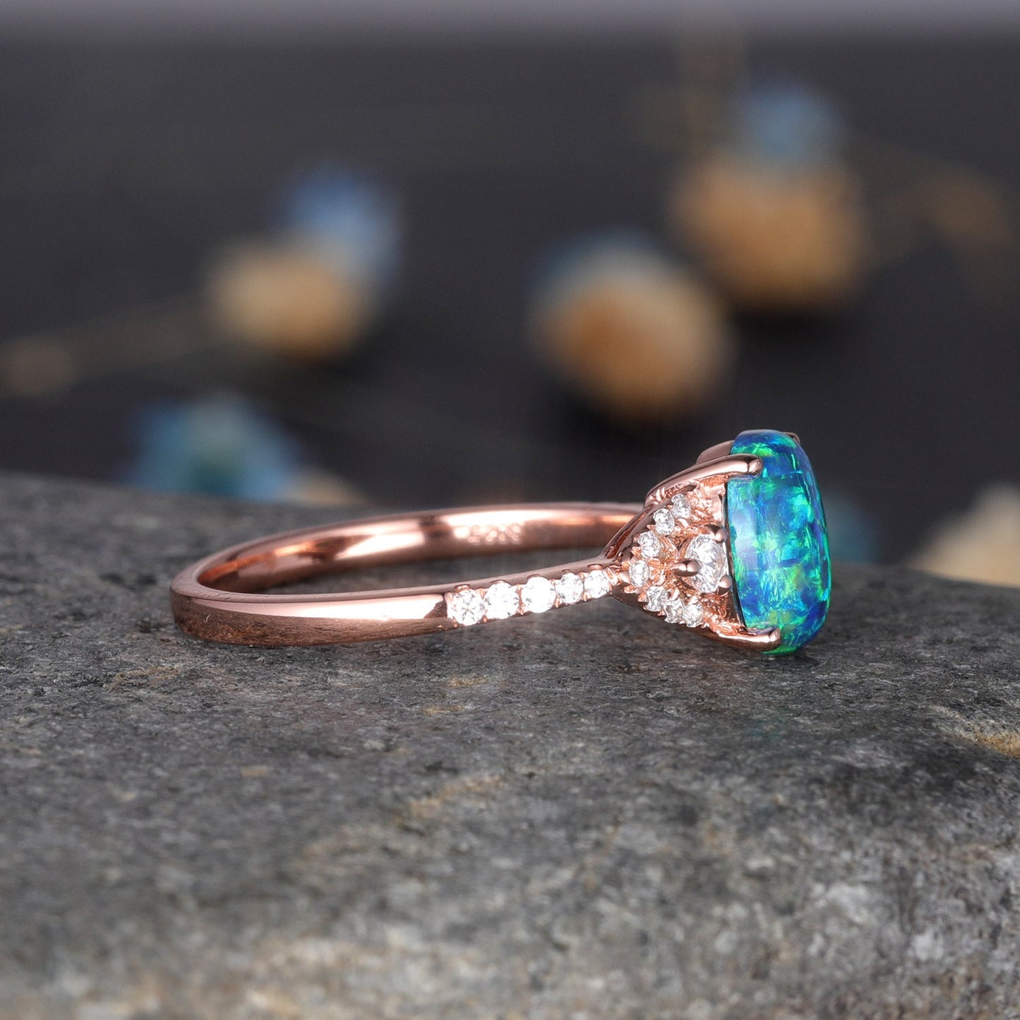 Black Opal Ring Rose Gold Diamond Engagement Ring Women Vintage Promise Bridal Jewelry Anniversary Gift For Her 6x8mm Opal natural diamonds