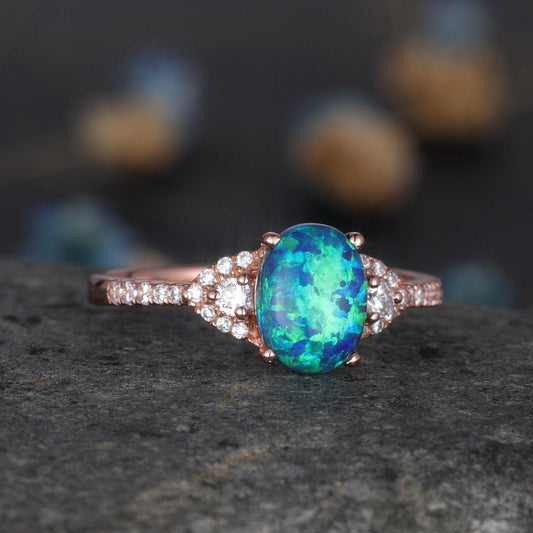 Black Opal Ring Rose Gold Diamond Engagement Ring Women Vintage Promise Bridal Jewelry Anniversary Gift For Her 6x8mm Opal natural diamonds