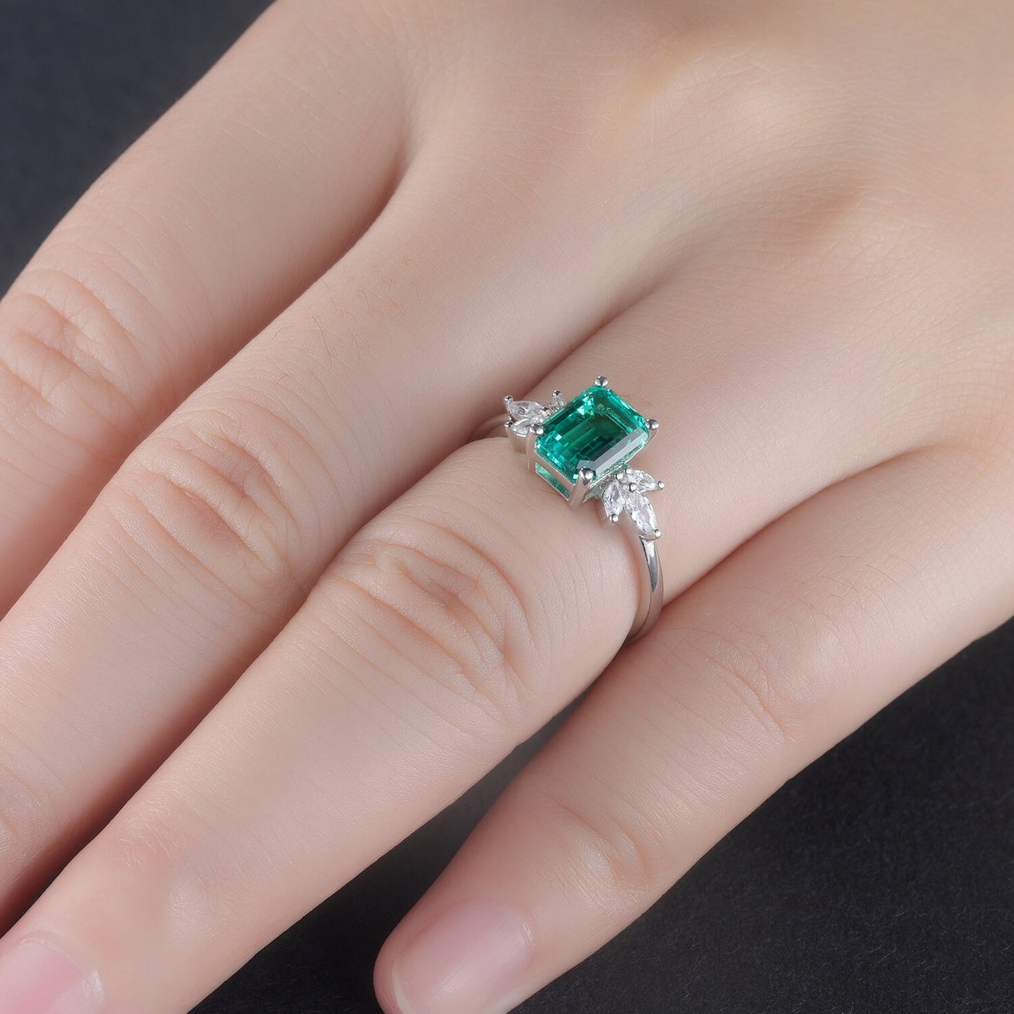 Emerald Engagement Ring Set Moissanite Wedding Band Women White gold Emerald Cut Gemstone Anniversary Promise Gift For Her