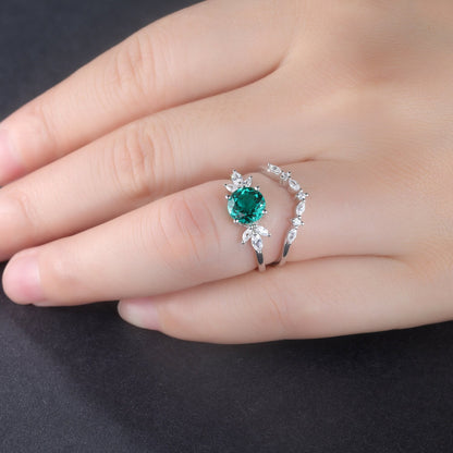 Emerald Engagement Ring White Gold Art Deco Stacking Matching Band Vintage Round Shaped Emerald Wedding Bridal Set Gift For Women