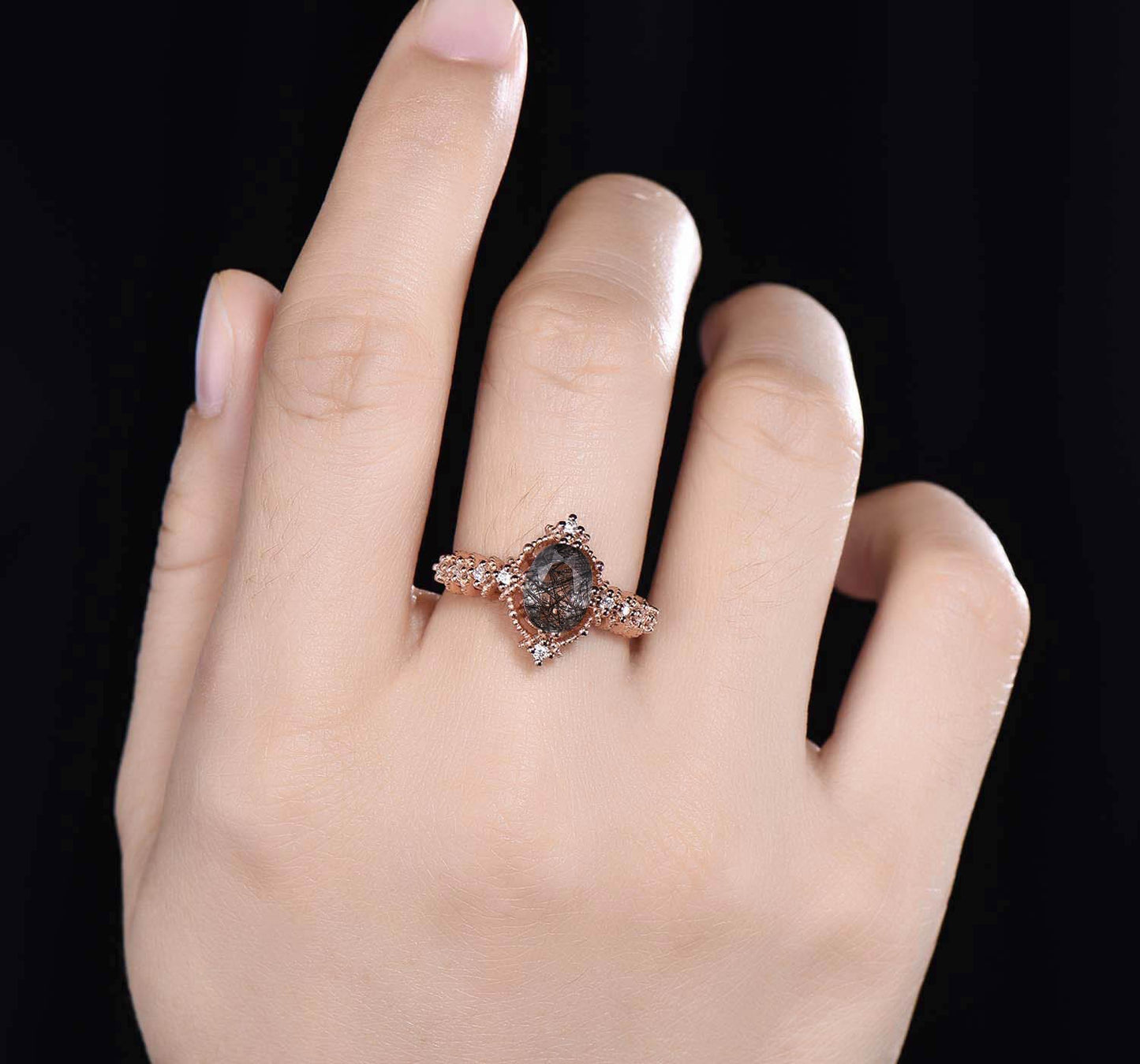 Black rutilated quartz engagement ring rose gold diamond/moissanite wedding ring floral promise jewelry gift for women customizable