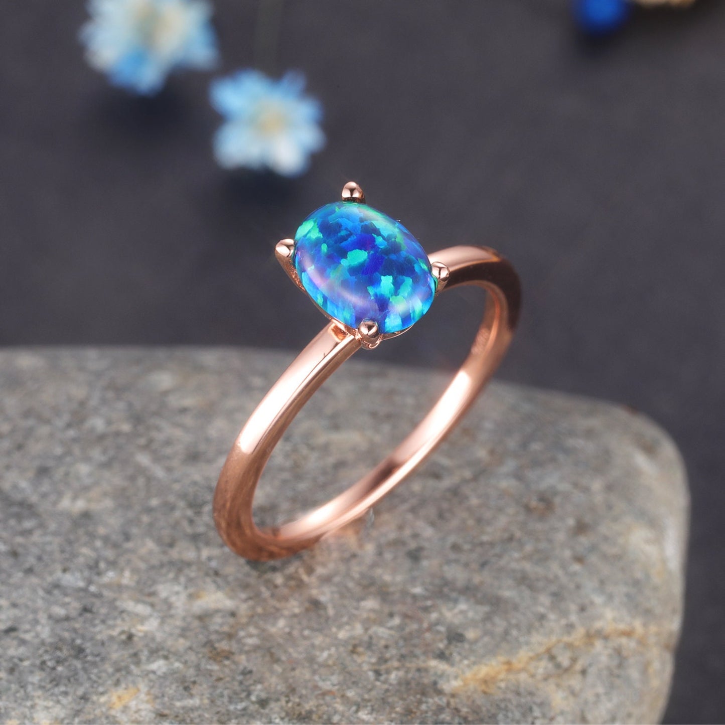 Black Opal Engagement Ring Rose Gold Women Solitaire Ring Promise Wedding Jewelry Plain Gold Band Prongs Set Anniversary Christmas Gift