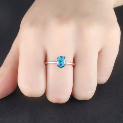 Black Opal Engagement Ring Rose Gold Women Solitaire Ring Promise Wedding Jewelry Plain Gold Band Prongs Set Anniversary Christmas Gift