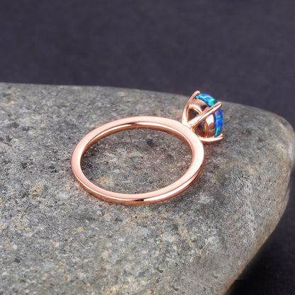 Black Opal Engagement Ring Rose Gold Women Solitaire Ring Promise Wedding Jewelry Plain Gold Band Prongs Set Anniversary Christmas Gift