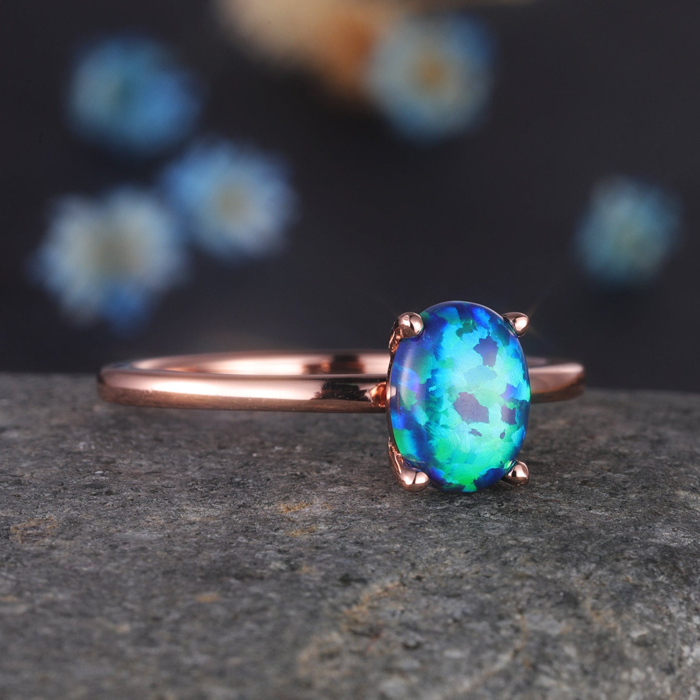 Black Opal Engagement Ring Rose Gold Women Solitaire Ring Promise Wedding Jewelry Plain Gold Band Prongs Set Anniversary Christmas Gift