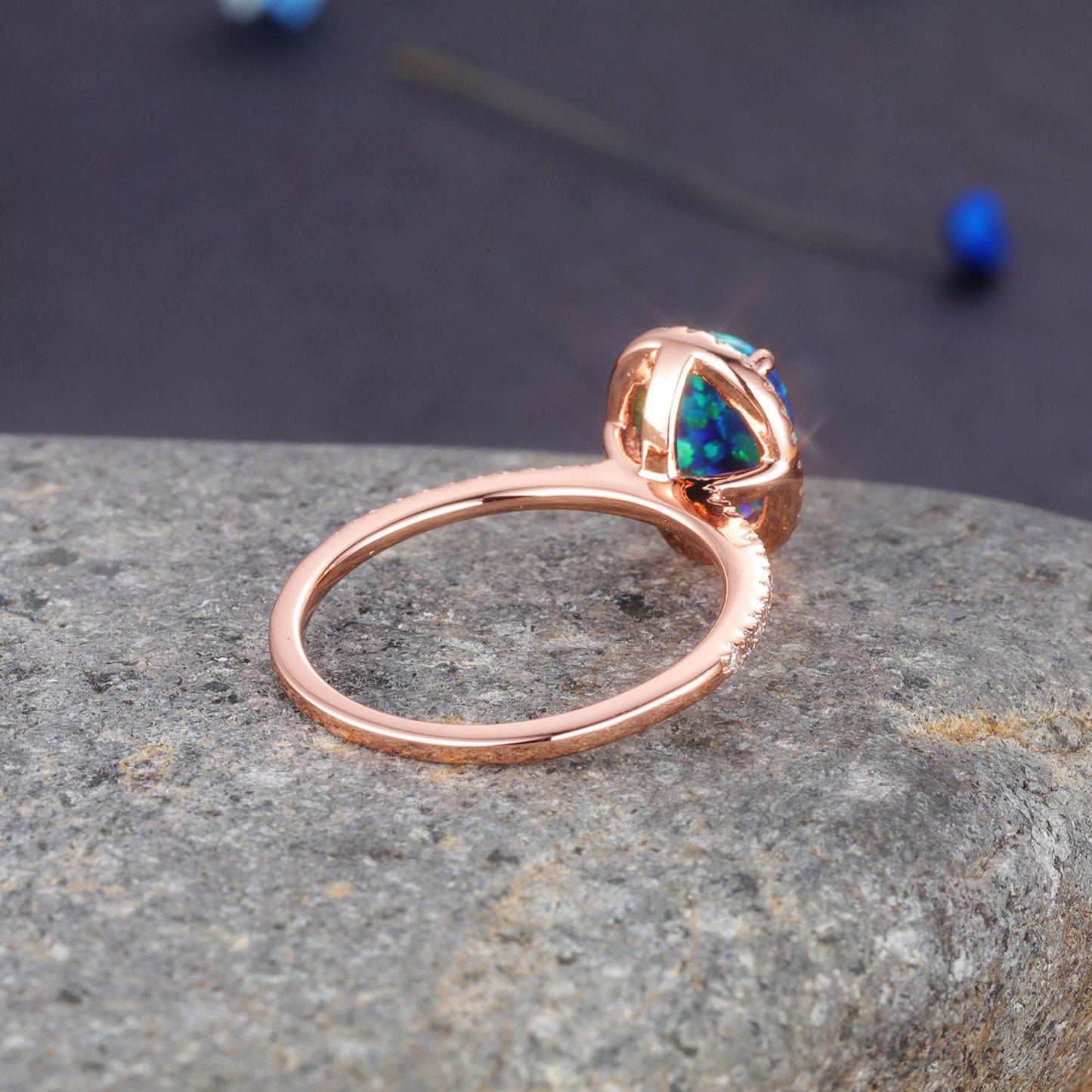 Oval Shaped Black Opal Engagement Ring Rose Gold Wedding Ring For Women Diamond Eternity Band Delicate Halo Promise Jewelry Anniversary