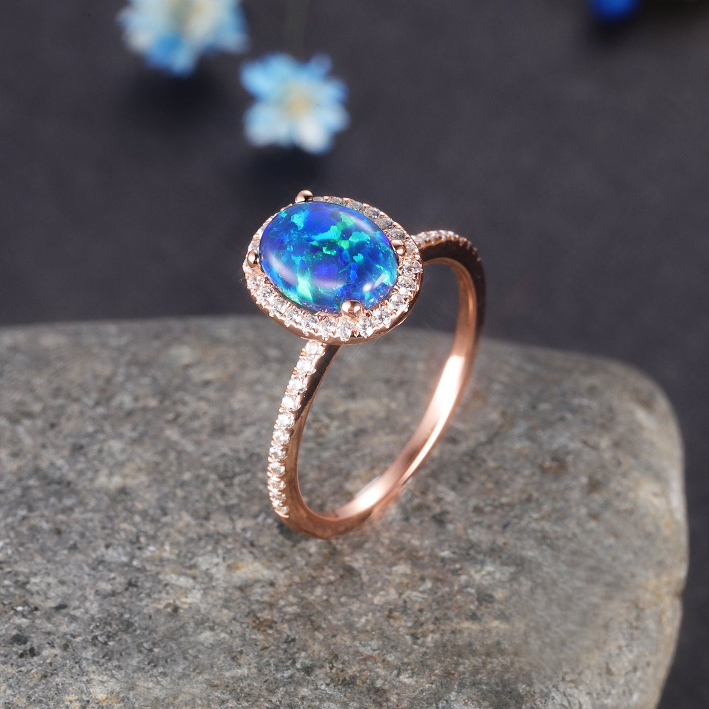 Oval Shaped Black Opal Engagement Ring Rose Gold Wedding Ring For Women Diamond Eternity Band Delicate Halo Promise Jewelry Anniversary