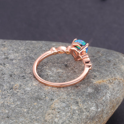 Black Opal Engagement Ring Rose Gold Art Deco Ring Diamond Milgrain Style Band Women Bridal Anniversary Jewelry October Birthstone